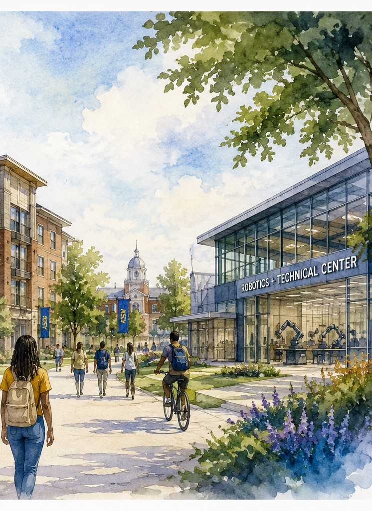 Watercolor-style illustration of the proposed Sands Drive development: students walking and biking along a tree-lined path between a student housing building on the left and a glass-fronted Robotics + Technical Center on the right, with Albany State's campus visible in the background