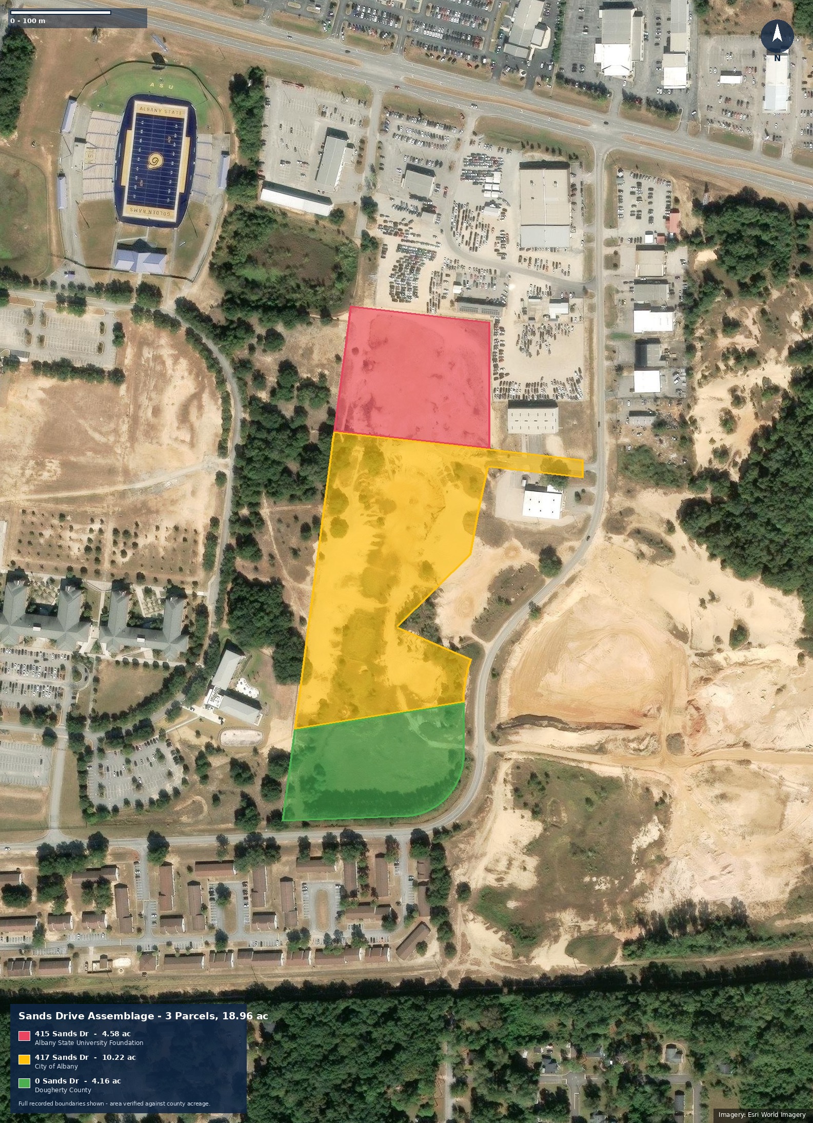 Aerial view of the three Sands Drive parcels with real assessor boundary geometry overlaid: 415 Sands Dr in red (ASU Foundation), 417 Sands Dr in amber (City of Albany), 0 Sands Dr in green (Dougherty County), directly south of Albany State University's football stadium