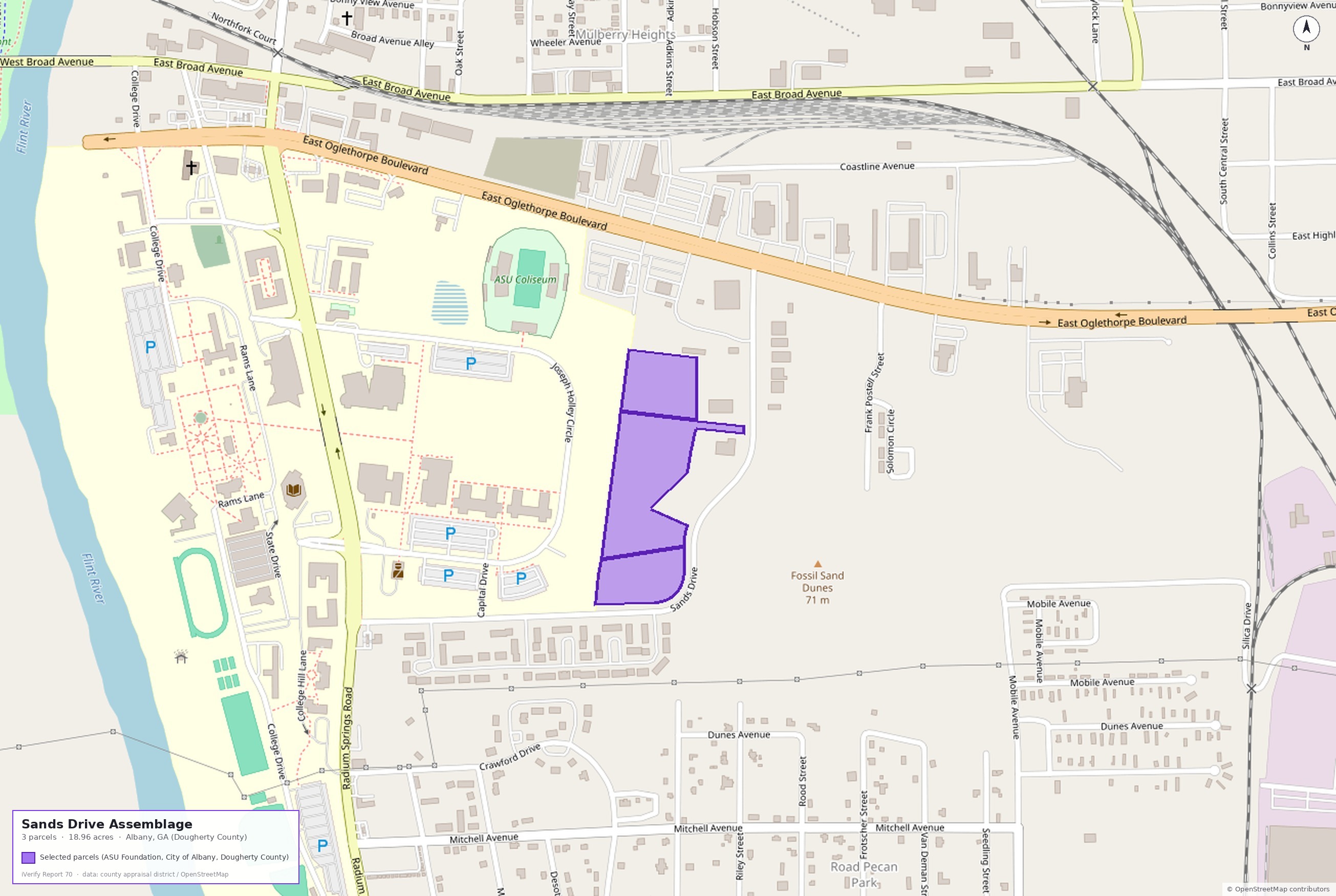 Street map of the three Sands Drive parcels shown as one purple assemblage next to Albany State University in Albany, Georgia, with East Oglethorpe Boulevard, the ASU campus, Sands Drive, and Fossil Sand Dunes labeled for context